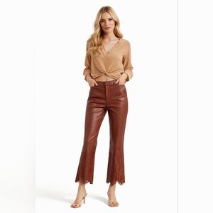 Anthropologie Brown Leather High-Rise Jeans with Laser-Cut Flare